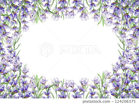 Lavender horizontal frame. With flower sprigs on the sides. Hand drawn watercolor illustration isolated on white. For greeting cards, wedding invitations, labels, envelopes. Lavender horizontal frame. With flower sprigs on the sides. Hand drawn watercolor illustration isolated on white. For greeting cards, wedding invitations, labels, envelopes. 124206375