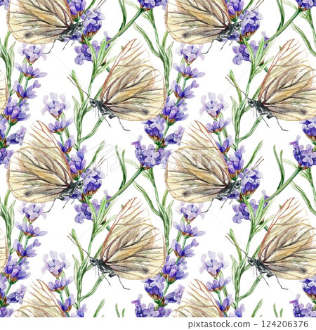 Lavender flower sprigs and butterflies, seamless pattern. Hand drawn watercolor illustration isolated on white. For textile, covers, fabric, wrapping paper, wallpaper. Lavender flower sprigs and butterflies, seamless pattern. Hand drawn watercolor illustration isolated on white. For textile, covers, fabric, wrapping paper, wallpaper. 124206376