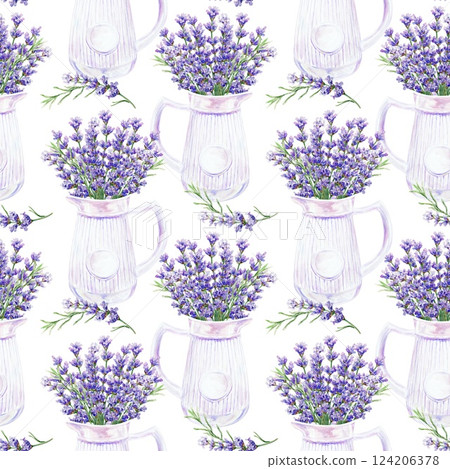 Lavender bouquet in white porcelain jug seamless pattern. Hand drawn watercolor illustration isolated on white. For textile, covers, fabric, wrapping paper, wallpaper, towels, napkins. Lavender bouquet in white porcelain jug seamless pattern. Hand drawn watercolor illustration isolated on white. For textile, covers, fabric, wrapping paper, wallpaper, towels, napkins. 124206378