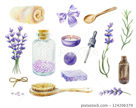 Lavender SPA set. Bath salt, towel, candle, soap, bath bomb, flower bouquet, massage brush, bottle with oil, pipette. Hand drawn watercolor illustration isolated. For invitations, certificates, labels 124206379