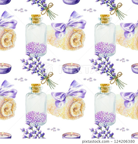 Lavender bouquet, bath salt, candle, towel seamless pattern. Hand drawn watercolor illustration isolated on white. For textile, covers, fabric, wrapping paper, wallpaper, towels, napkins. 124206380