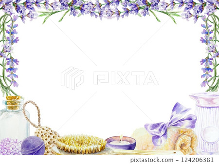 Lavender SPA frame. With flower branches, towel, candle, massage brush, bath salt. Hand drawn watercolor illustration isolated on white. For greeting cards, invitations, labels, certificates. 124206381