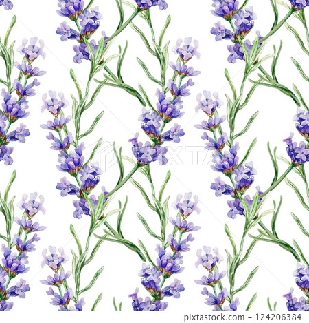Lavender flowers and leaves seamless pattern. Hand drawn watercolor illustration isolated on white. For textile, covers, fabric, wrapping paper, wallpaper. Lavender flowers and leaves seamless pattern. Hand drawn watercolor illustration isolated on white. For textile, covers, fabric, wrapping paper, wallpaper. 124206384