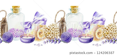 Lavender SPA seamless border. Bath salt, towel with satin bow, candle, bath bomb, flower sprig. Hand drawn watercolor illustration isolated. For textile, covers, fabric, napkins, gift certificate. 124206387
