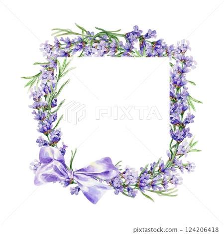 Lavender frame, square. Sprigs of purple flowers with satin bow. Hand drawn watercolor illustration isolated on white. For greeting cards, wedding invitations, labels, posters. Lavender frame, square. Sprigs of purple flowers with satin bow. Hand drawn watercolor illustration isolated on white. For greeting cards, wedding invitations, labels, posters. 124206418