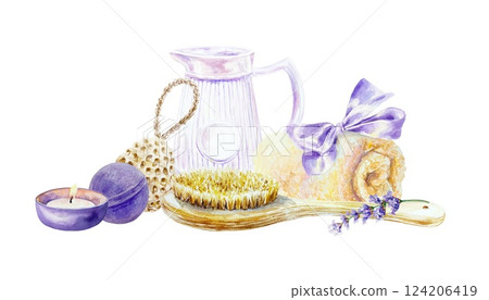 Lavender relax. Jug, towel, candle, massage brush, bath bomb, flower sprig. Hand drawn watercolor illustration isolated on white. For cards, invitations, certificates, labels. 124206419
