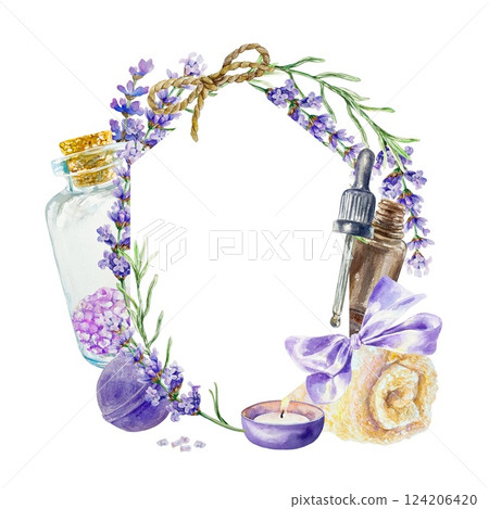 Lavender frame for spa salons. Sprigs of purple flowers, towel, bath salt, bottle of oil, pipette, candle. Hand drawn watercolor illustration isolated. Cards, invitations, labels, gift certificates. 124206420