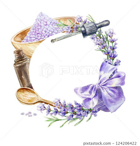Lavender round frame for spa salons. Bath salt, sprigs of flowers, bottle with oil, pipette. Hand drawn watercolor illustration isolated. For greeting cards, invitations, certificates, labels, banners Lavender round frame for spa salons. Bath salt, sprigs of flowers, bottle with oil, pipette. Hand drawn watercolor illustration isolated. For greeting cards, invitations, certificates, labels, banners 124206422