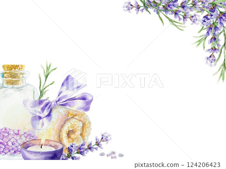Lavender SPA frame. With flower sprigs, towel, candle and bath salt. Hand drawn watercolor illustration isolated on white. For greeting cards, invitations, labels, posters. Lavender SPA frame. With flower sprigs, towel, candle and bath salt. Hand drawn watercolor illustration isolated on white. For greeting cards, invitations, labels, posters. 124206423