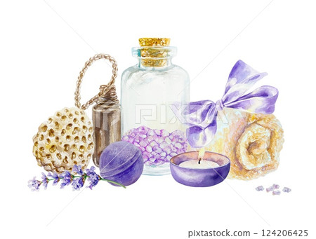 Lavender Relax. Bath salt, towel, candle, massage oil, loofah, flower sprig. Hand drawn watercolor illustration isolated on white. For cards, invitations, certificates, labels. 124206425