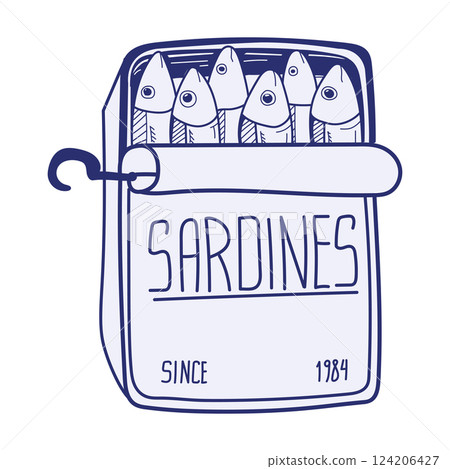 An illustration of a vintage hand drawn can of sardines. Canned fish print. 124206427