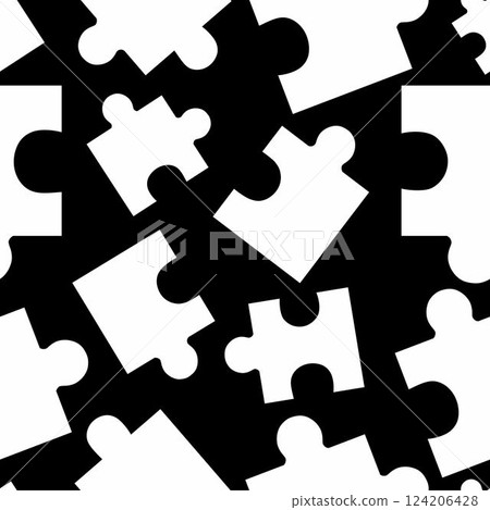 Seamless Jigsaw Puzzle pattern. Vector. White puzzles on black background. 124206428