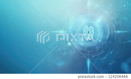 Abstract AI-powered healthcare background with futuristic neural networks, digital brain scans, and holographic medical diagnostics, sleek modern blue tones with glowing accents. Abstract AI-powered healthcare background with futuristic neural networks, digital brain scans, and holographic medical diagnostics, sleek modern blue tones with glowing accents. 124206466
