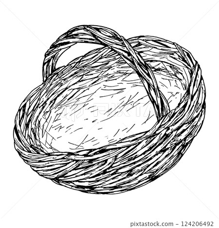 Hand-drawn wicker basket with a handle, crafted from intertwining twigs. Rustic style, perfect for Easter, harvest themes, markets, decorative designs. Ideal for packaging, food illustration Hand-drawn wicker basket with a handle, crafted from intertwining twigs. Rustic style, perfect for Easter, harvest themes, markets, decorative designs. Ideal for packaging, food illustration 124206492
