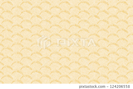 Seamless Japanese pattern washi paper pattern. Golden yellow, rice ears, Seigaiha pattern. Seamless Japanese pattern washi paper pattern. Golden yellow, rice ears, Seigaiha pattern. 124206558