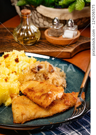 Fried cod fillet. 124206575