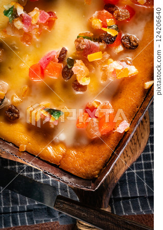 Homemade cheesecake with dried fruit. Homemade cheesecake with dried fruit. 124206640