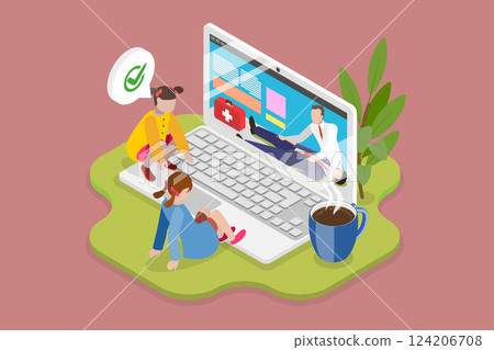 3D Isometric Flat Vector Illustration of Life Saving And Healthcare, Kids Learning First Aid Skills Online For Training Purposes 124206708