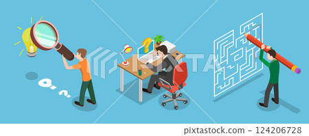 3D Isometric Flat Vector Illustration of Searching for Idea, Navigation Through Maze Leads to Discovering Solution 124206728