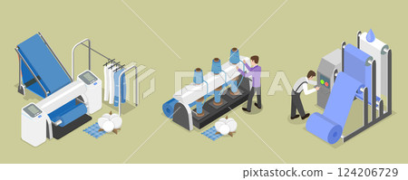 3D Isometric Flat Vector Illustration of Textile Manufacturing, Machinery and Equipment 3D Isometric Flat Vector Illustration of Textile Manufacturing, Machinery and Equipment 124206729