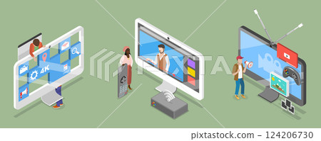 3D Isometric Flat Vector Illustration of Streaming Video Services, Watching TV 124206730