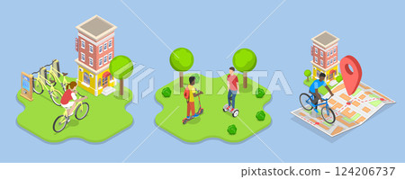 3D Isometric Flat Vector Illustration of Urban Transportation, Eco Friendly Transport 124206737