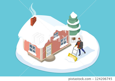 3D Isometric Flat Vector Illustration of Winter Season Activity, Cleaning Snow 124206745