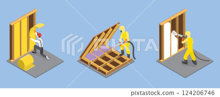 3D Isometric Flat Vector Illustration of Spray Foam Insulation, Construction Service, House Renovation 124206746