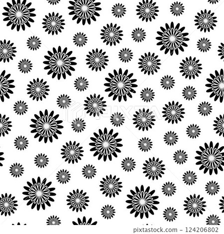 Black and white flowers simple seamless pattern flat style vector illustration, spring symbol, cozy home, any holiday celebration decor, ornament for textile, fabrics, gift paper, card, banner, cover 124206802