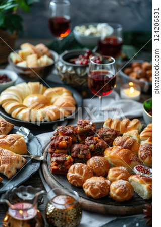Georgian national cuisine, traditional pastries, festive table setting, Georgian wine, Georgian Independence Day celebration, vertical banner, poster 124206831