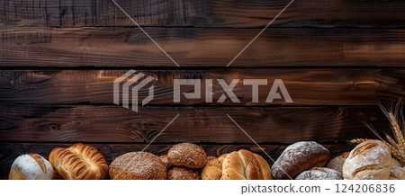 horizontal banner for a bakery, ears of wheat, frame of an assortment of loaves of bread and cereal rolls, brown wooden background, copy space, free space for text 124206836