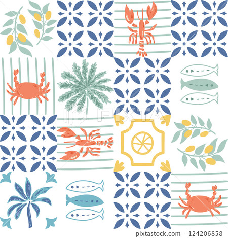Tropical lobster pattern, summer Italy vacation mood. Vector Mediterranean background with seafood, sardines Tropical lobster pattern, summer Italy vacation mood. Vector Mediterranean background with seafood, sardines 124206858