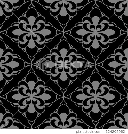 seamless tile pattern of abstract geometric gray elements on a black background, texture, design 124206962