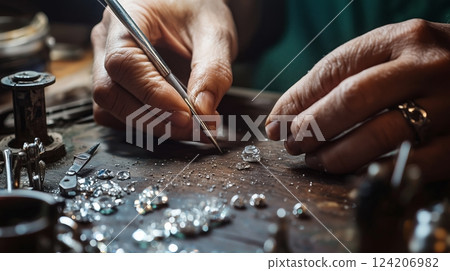 A jeweler carefully crafting a ring at a workbench, using fine tools and precious metals.  124206982