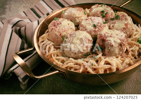 spaghetti with chicken meatballs, with cream sauce, and parmesan cheese, and decorated with microgreens, homemade, no people, spaghetti with chicken meatballs, with cream sauce, and parmesan cheese, and decorated with microgreens, homemade, no people, 124207025