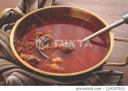 Romanian soup with meatballs, vegetable soup with meatballs, in a pot, homemade, no people, 124207032