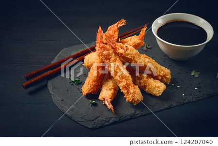 shrimp in tempura, deep-fried, on black slate, with soy sauce, horizontal, no people, shrimp in tempura, deep-fried, on black slate, with soy sauce, horizontal, no people, 124207040