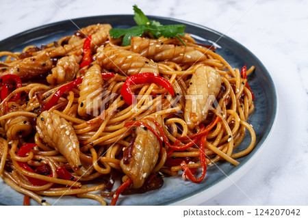 udon noodles, with squid and vegetables, on a marble table, homemade, no people, 124207042
