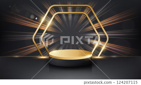 Luxury Product Display Podium and Gold Frame, Vector Illustration 124207115