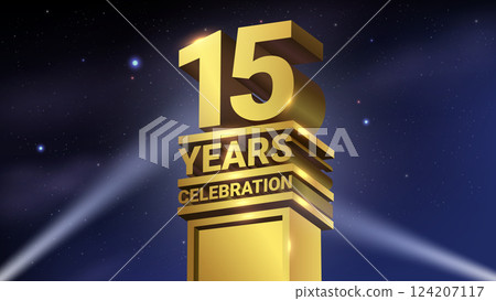 15th Years Celebration, 3D Gold Statue with Spotlights, Luxury Hollywood Light, Vector Illustration 124207117