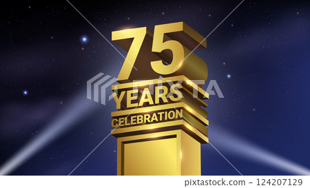 75th Years Celebration, 3D Gold Statue with Spotlights, Luxury Hollywood Light, Vector Illustration 124207129