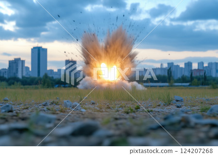 large cloud of smoke from an explosion at the edge of a city 124207268