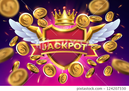 Jackpot Badge with Flying Gold Coins, Game Banner, Vector Illustration Jackpot Badge with Flying Gold Coins, Game Banner, Vector Illustration 124207330