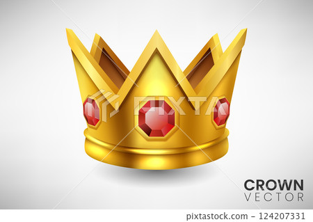 Realistic Golden Crown with Ruby Stone. Vector Illustration 124207331