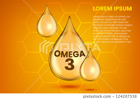 Omega 3 Vitamin Concept, Gold Essence Droplet, Healthy Formula, Vector Illustration 124207338