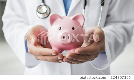 A doctor holding a pink piggy bank in hands, wearing white lab coat and stethoscope. 124207395