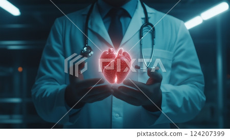A doctor holding a projection of a holographic human heart, wearing white lab coat and stethoscope. 124207399