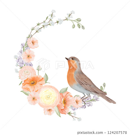 Bird sitting on Spring Flowers Wreath. Floral composition with Ranunculus and Iceland Poppies Flowers, Freesia, Peach or Cherry and Snow Willow Branches. Hand painted botanical illustration isolated Bird sitting on Spring Flowers Wreath. Floral composition with Ranunculus and Iceland Poppies Flowers, Freesia, Peach or Cherry and Snow Willow Branches. Hand painted botanical illustration isolated 124207578