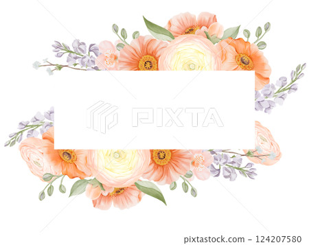 Horizontal frame, border with Ranunculus, Iceland Poppies, Freesia, Peach or Cherry and Snow Willow Branches. Hand drawn spring floral illustration isolated on a white background. For cards, logos Horizontal frame, border with Ranunculus, Iceland Poppies, Freesia, Peach or Cherry and Snow Willow Branches. Hand drawn spring floral illustration isolated on a white background. For cards, logos 124207580