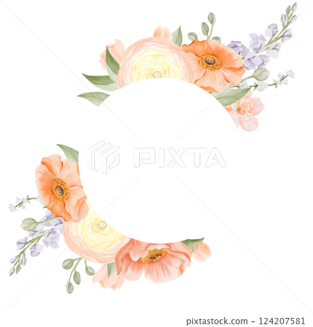 Spring floral Circle frame with Ranunculus, Iceland Poppies, Freesia, Peach or Cherry and Snow Willow Branches. Hand painted botanical illustration isolated on a white background. For cards, logos Spring floral Circle frame with Ranunculus, Iceland Poppies, Freesia, Peach or Cherry and Snow Willow Branches. Hand painted botanical illustration isolated on a white background. For cards, logos 124207581